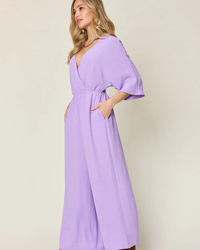 Double Take Full Size Surplice Wide Leg Jumpsuit with Pockets