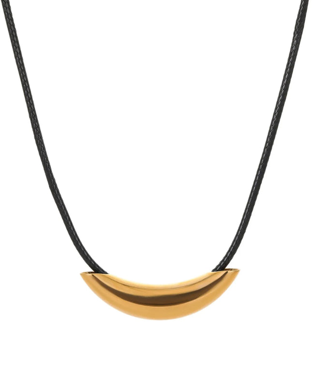 Stainless Steel Curved Bar Necklace with Leather Rope