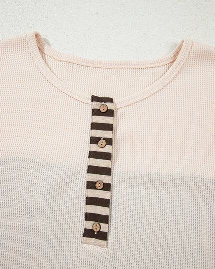 Waffle Stripe Plaid Patchwork Henley Knit Top
