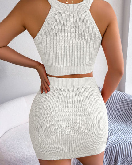 Heart Contrast Ribbed Sleeveless Knit Top and Skirt Set