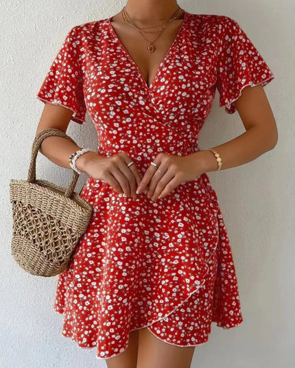 Floral Flutter Sleeve Wrap Mini Dress Burgundy