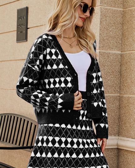Geometric Dropped Shoulder Cardigan and Knit Skirt Set
