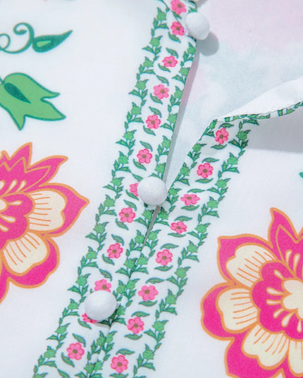 Floral Print Half Button Mandarin Neck 3/4 Sleeve Maxi Dress