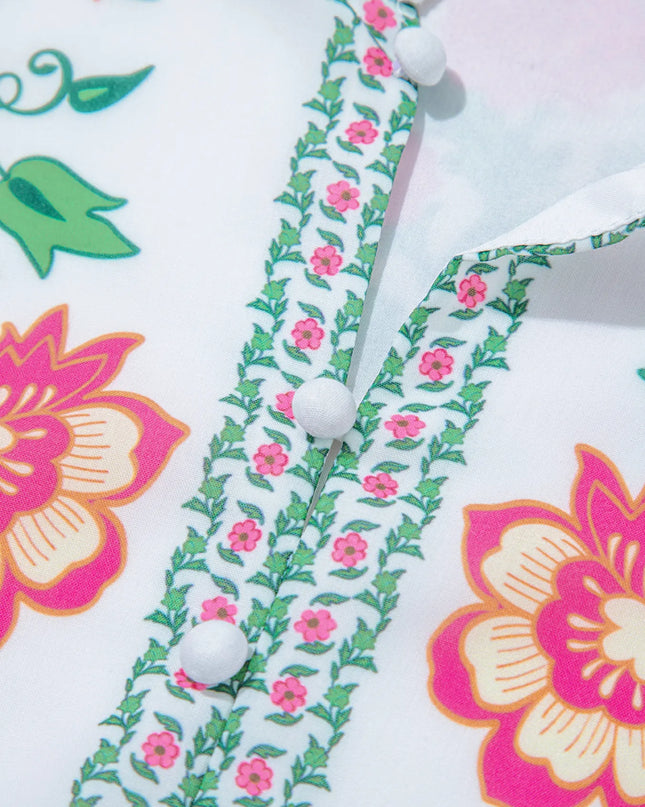 Floral Print Half Button Mandarin Neck 3/4 Sleeve Maxi Dress