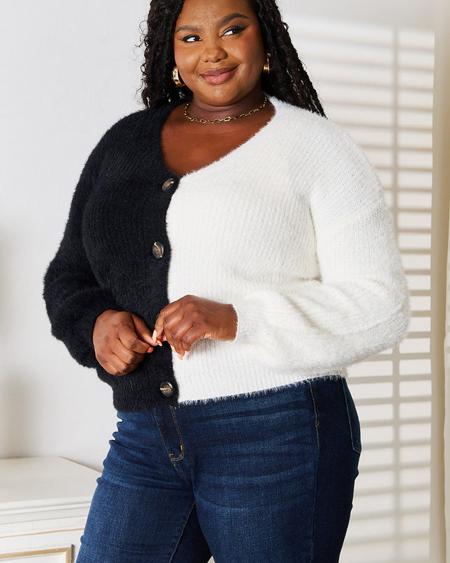 Angel Wings Woven Right Contrast Button-Front V-Neck Cardigan