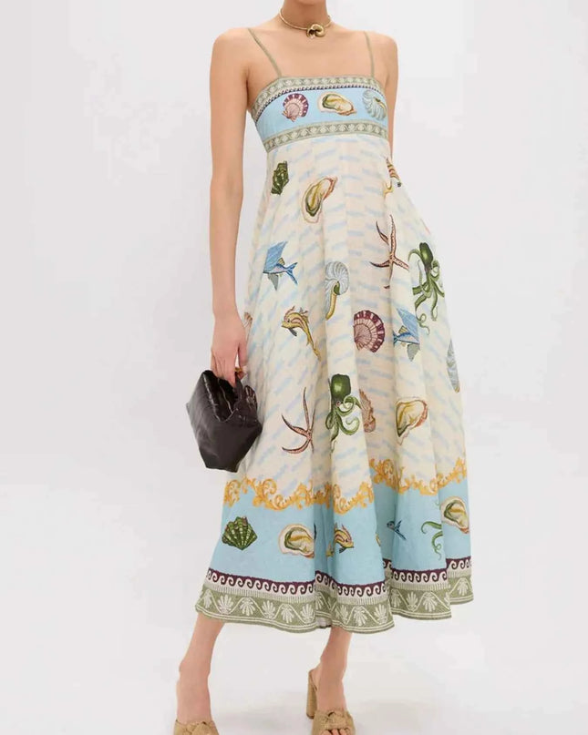Ocean Print Spaghetti Strap Midi Dress