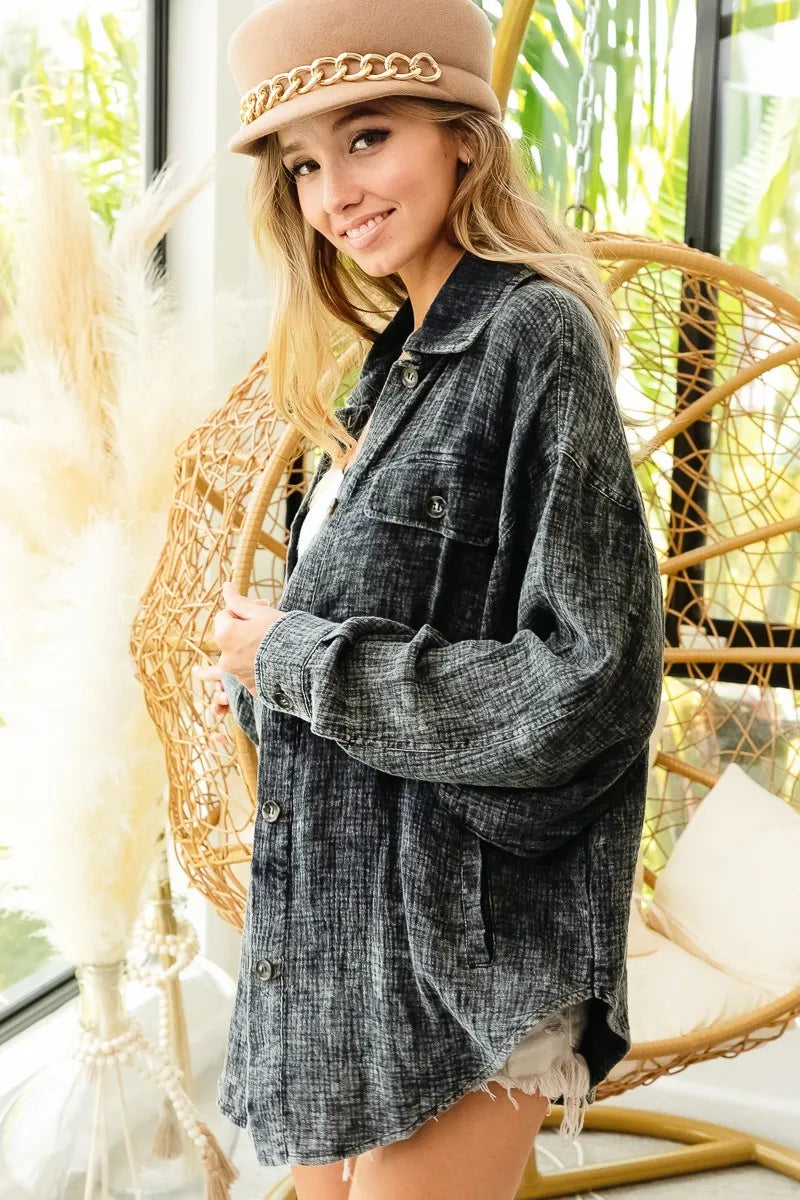 BiBi Vintage Washed Wrinkle Gauze Shacket