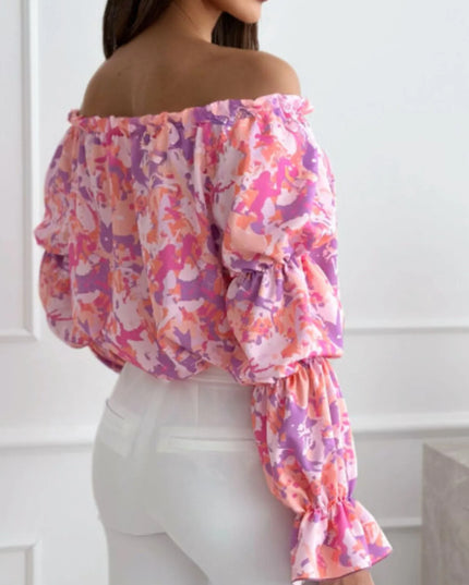 Off-Shoulder Floral Ruffle Blouse with Elastic Neckline