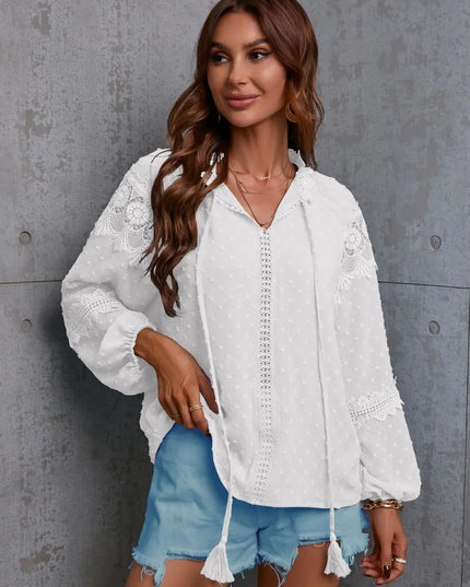 Crochet Tassel Tie Neck Long Sleeve Blouse White