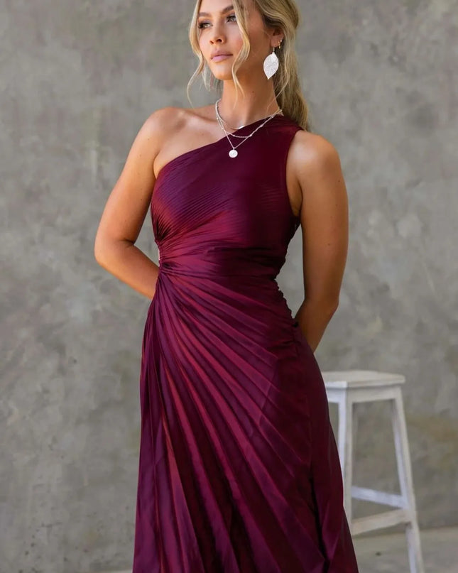 Full Size Single Shoulder Pleated Midi Dress Plus Size 