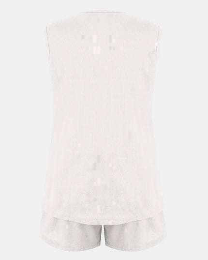 Full Size Waffle-Knit Notched Top and Shorts Set White