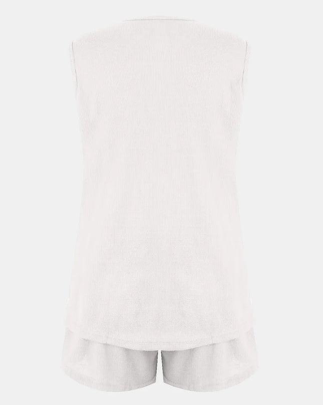 Full Size Waffle-Knit Notched Top and Shorts Set White