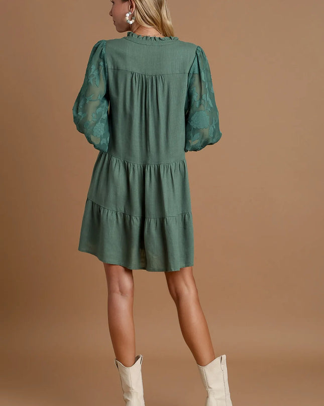 Umgee Floral Contrast Sleeve Tiered Dress