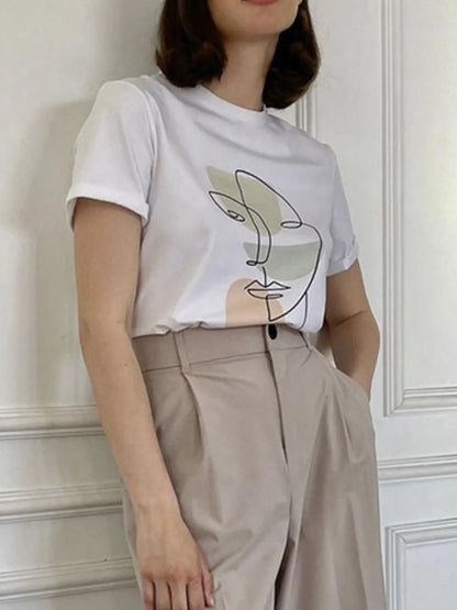 Abstract Face Graphic Casual Round Neck T-Shirt