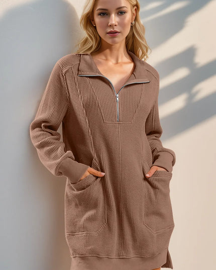 Double Take Waffle Long Sleeve Mini Dress with Pockets Taupe