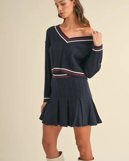 MABLE Cable-Knit Top and Pleated Skirt Sweater Set