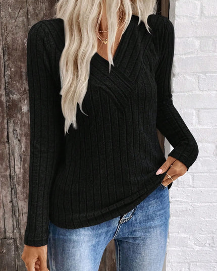 Ribbed V-Neck Long Sleeve Knit T-Shirt