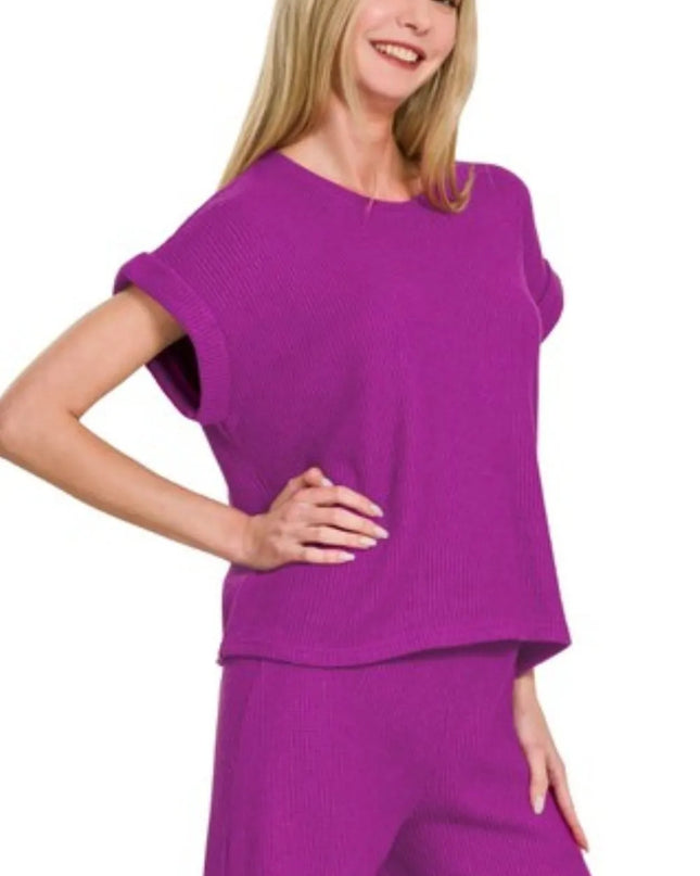 Zenana Rolled Sleeve Top and Pants Sweater Set