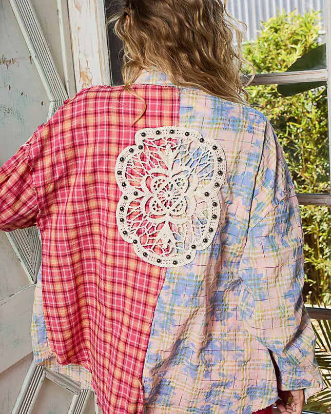 POL Patchwork Plaid Button-Up Shirt with Contrast Pockets