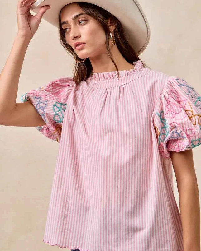 BiBi Embroidery Bubble Sleeve Top With Bottom Scallop Detail