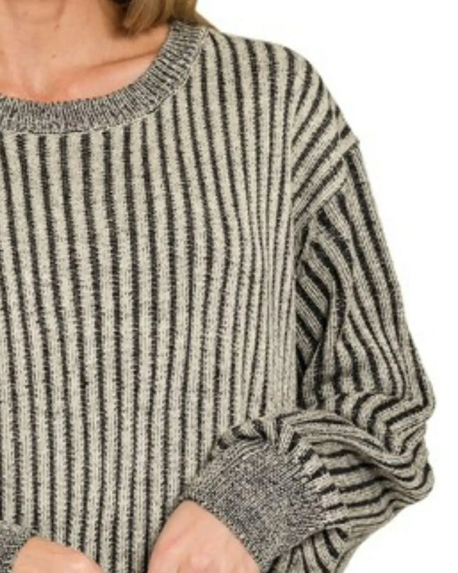Zenana Curved Hem Two-Tone Ribbed Sweater