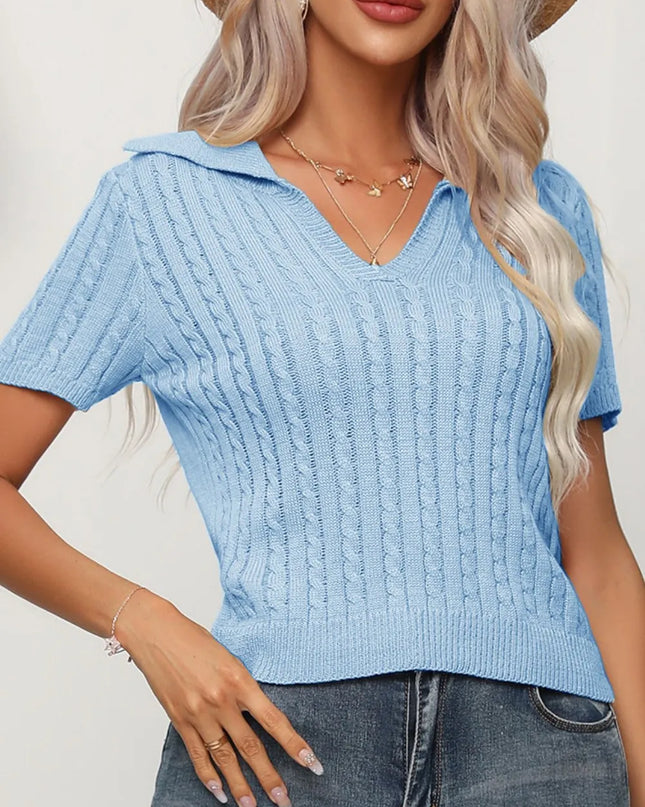 Cable Knit Short Sleeve Top Light Blue