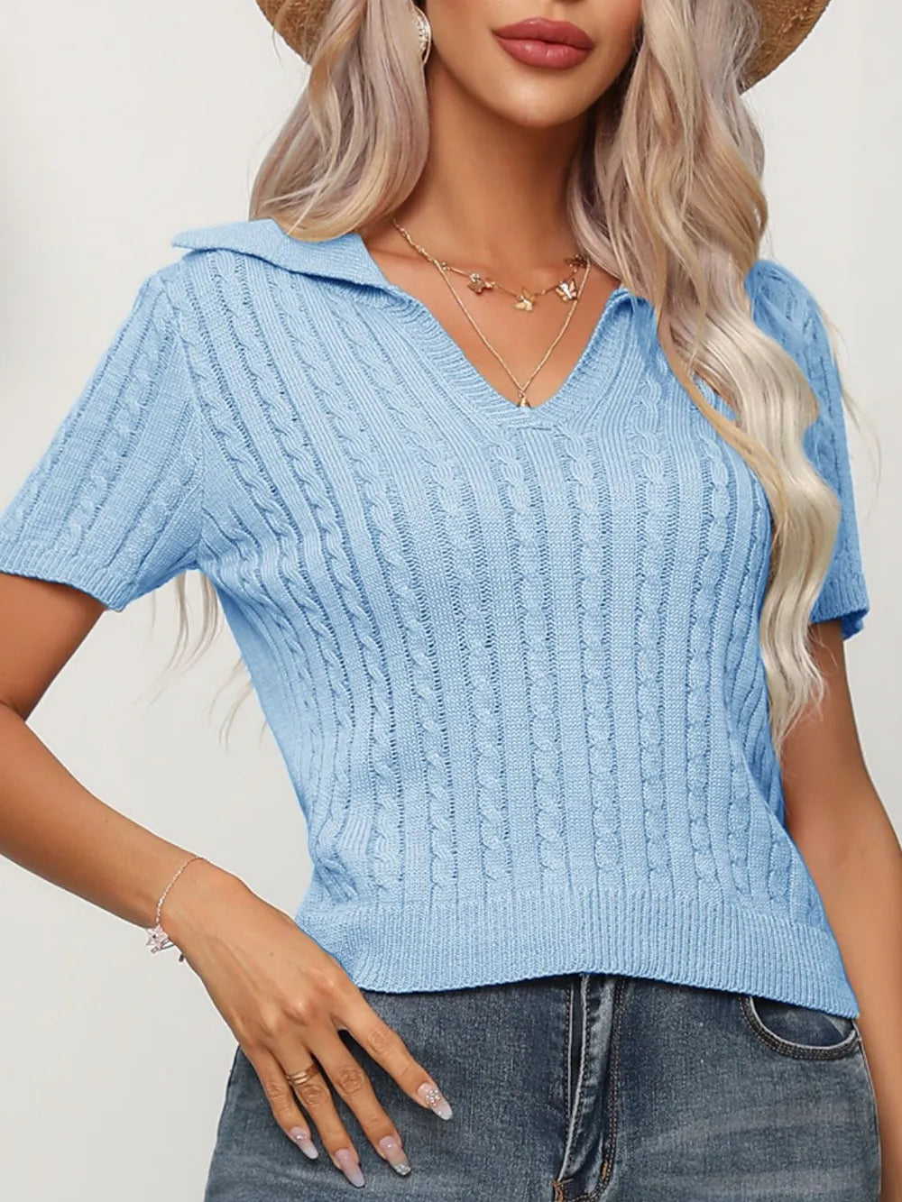Cable Knit Short Sleeve Top Light Blue