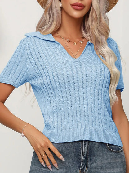Cable Knit Short Sleeve Top Light Blue