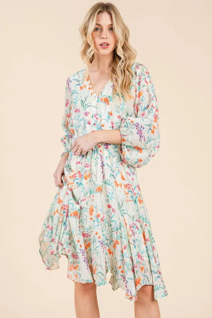 Lime 'N' Chili Floral Cinched Waist Balloon Sleeve V-Neck Dress