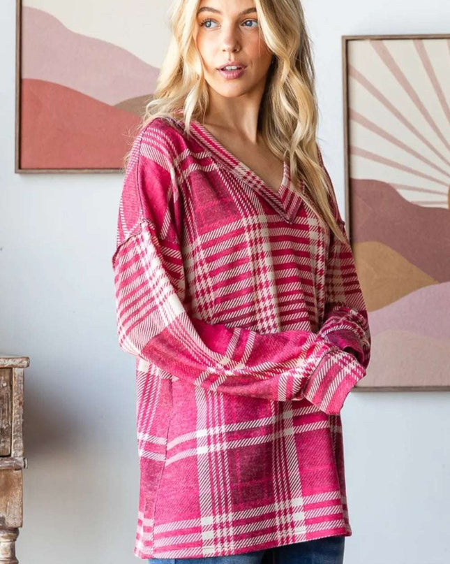 Heimish Plaid Drop Shoulder V-Neck T-Shirt