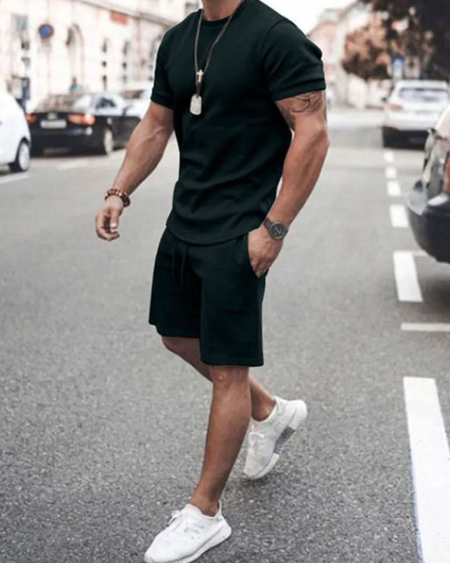 Men's Plus Size Round Neck Short Sleeve Top and Shorts Set Black