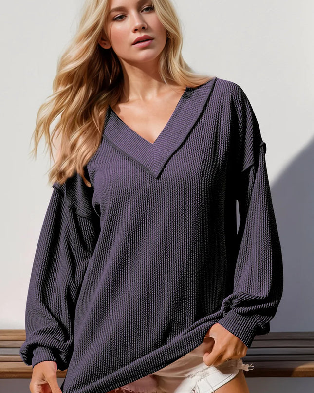 Double Take Exposed Seam Ribbed Textured V-Neck Long Sleeve T-Shirt Purple
