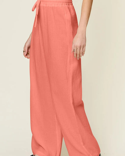 Double Take Full Size Texture Drawstring Wide Leg Pants