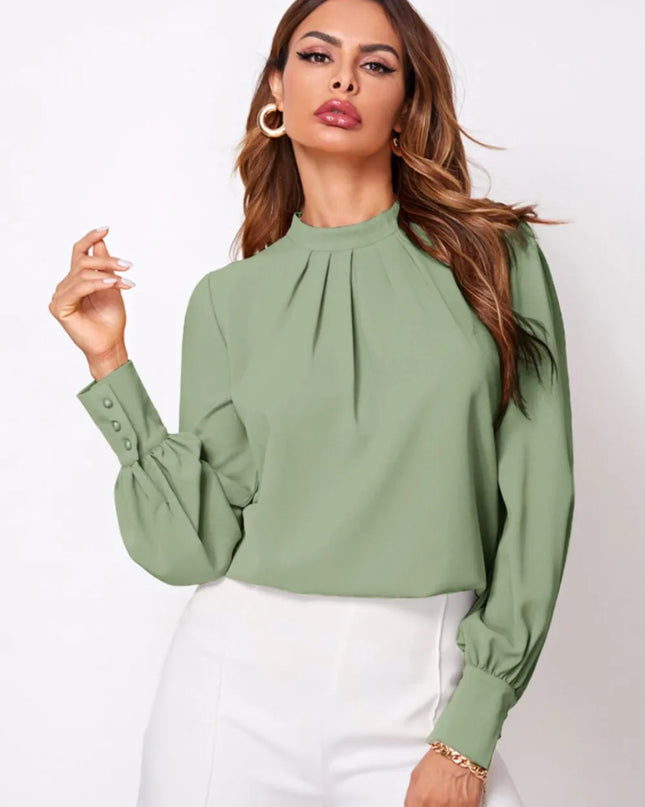 Ruched Mock Neck Long Sleeve Blouse 