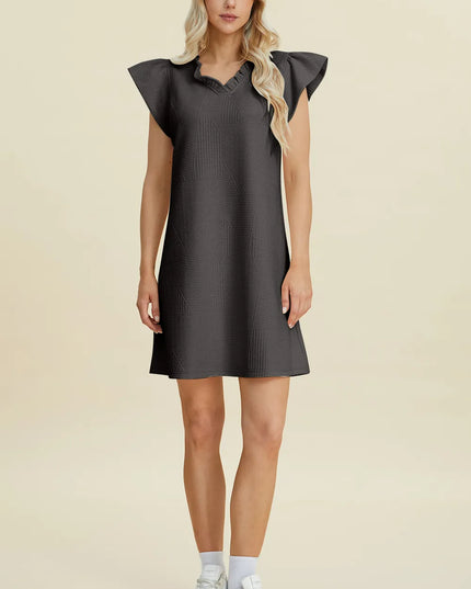 Double Take Full Size Ruffled V-Neck Cap Sleeve Dress