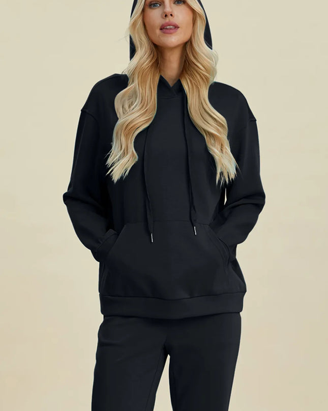Basic Bae Full Size Air Scuba Drawstring Long Sleeve Hoodie with Kangaroo Pocket Black
