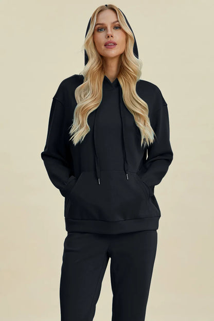 Basic Bae Full Size Air Scuba Drawstring Long Sleeve Hoodie with Kangaroo Pocket Black