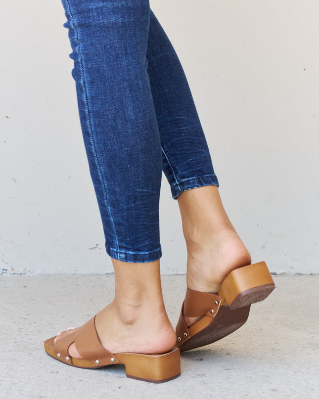 Weeboo Step Into Summer Criss Cross Wooden Clog Mule in Brown