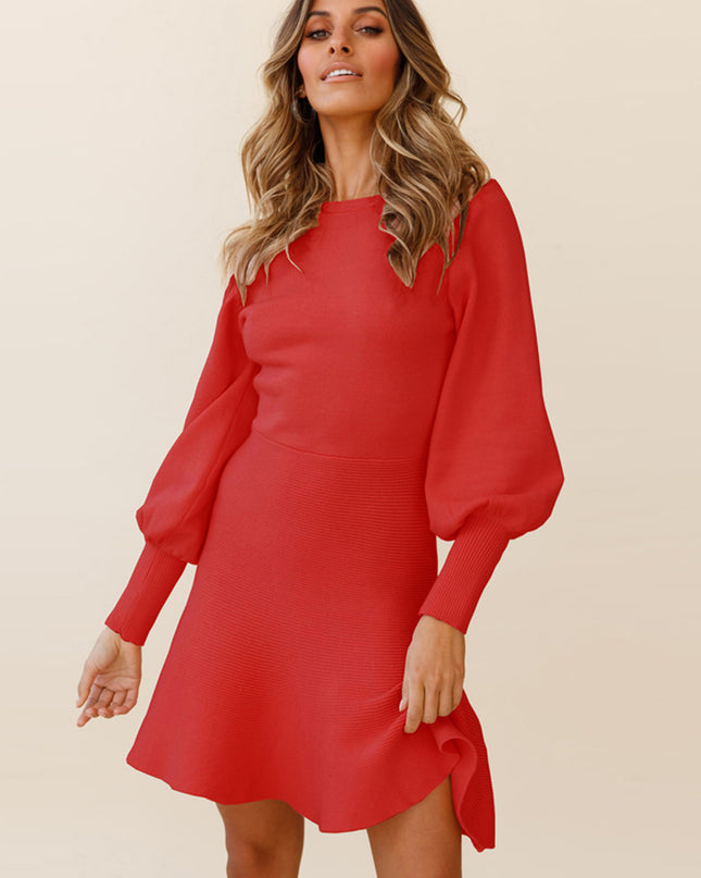 Round Neck Lantern Sleeve Sweater Dress Deep Red