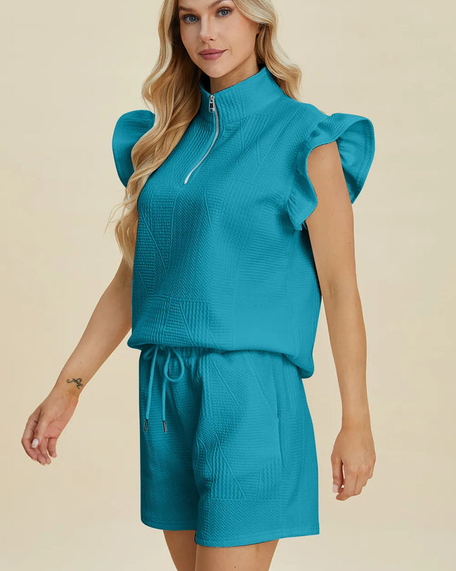 Double Take Full Size Texture Flounce Sleeve Top and Shorts Set