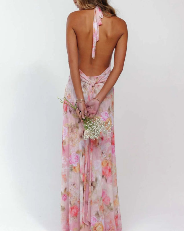 Floral Halter Neck Deep V Maxi Dress