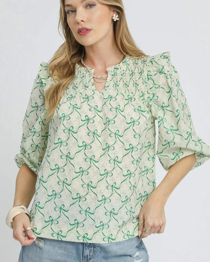 Umgee Ruffled Bow Print Notched Blouse Green