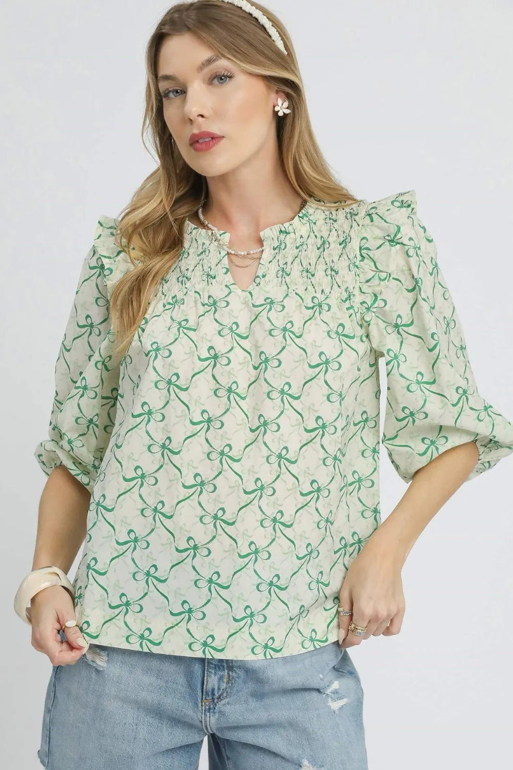 Umgee Ruffled Bow Print Notched Blouse Green