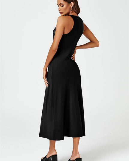 Slim-Fit Satin Midi Dress in Black
