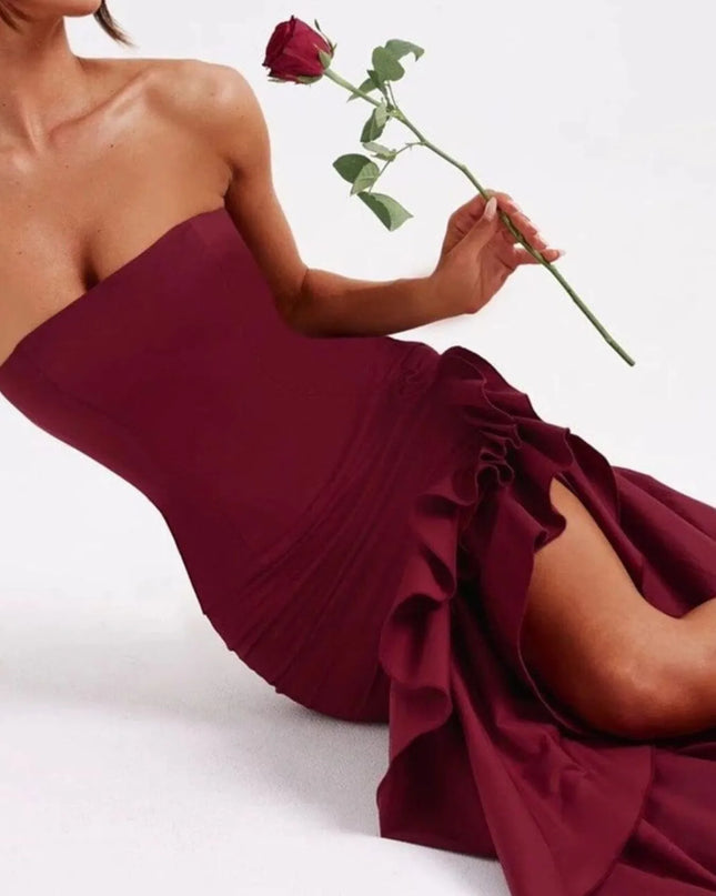 Strapless Ruffle High-Low Bodycon Dress