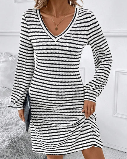 Striped V-Neck Long Sleeve Dress