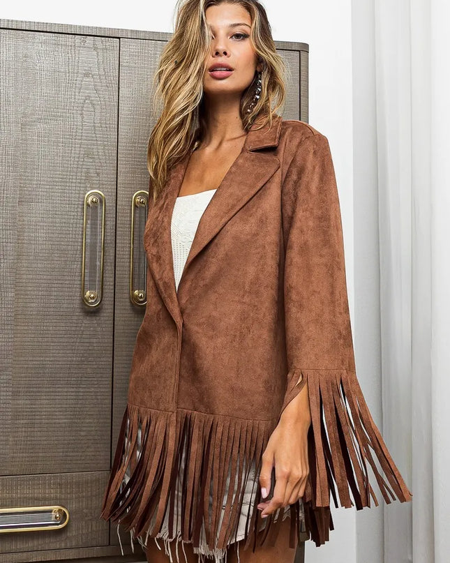 BiBi Suede Single Blazer with Fringed Hem