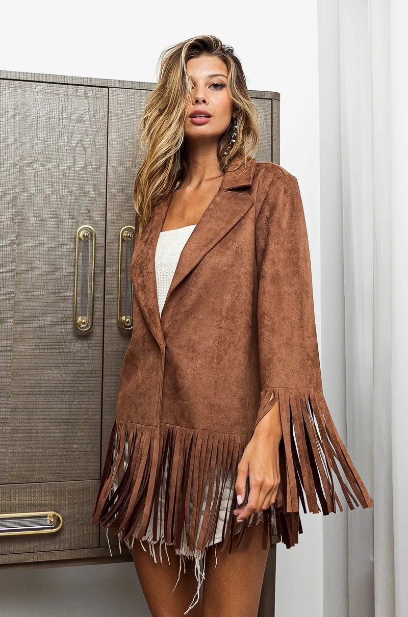 BiBi Suede Single Blazer with Fringed Hem