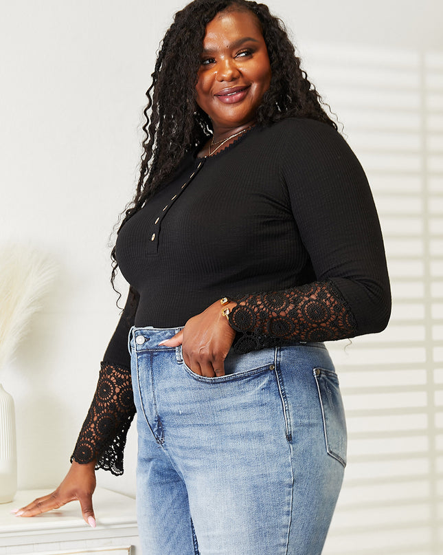 Double Take Crochet Lace Hem Sleeve Button Top