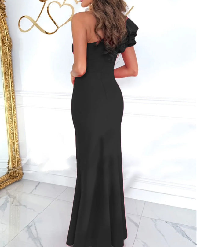 Cutout One Shoulder Ruffle Split Dress 